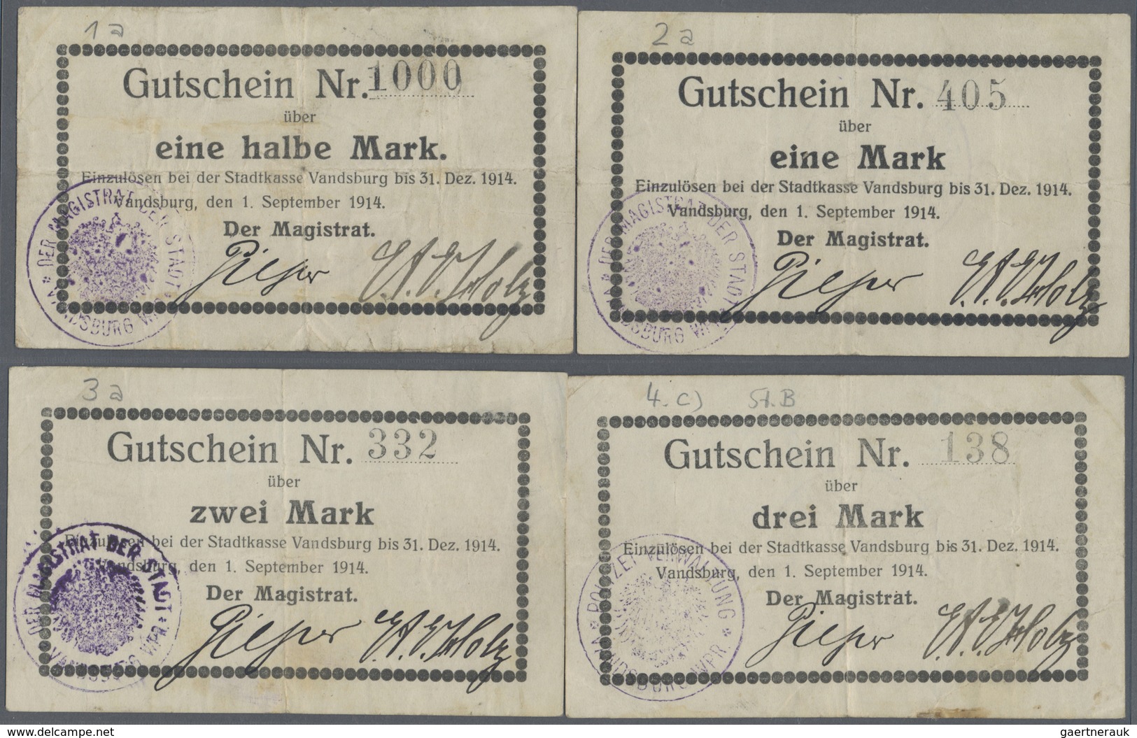 Deutschland - Notgeld - Ehemalige Ostgebiete: Vandsburg, Westpreußen, Magistrat, 1/2, 1, 2, 3 Mark, - Other & Unclassified