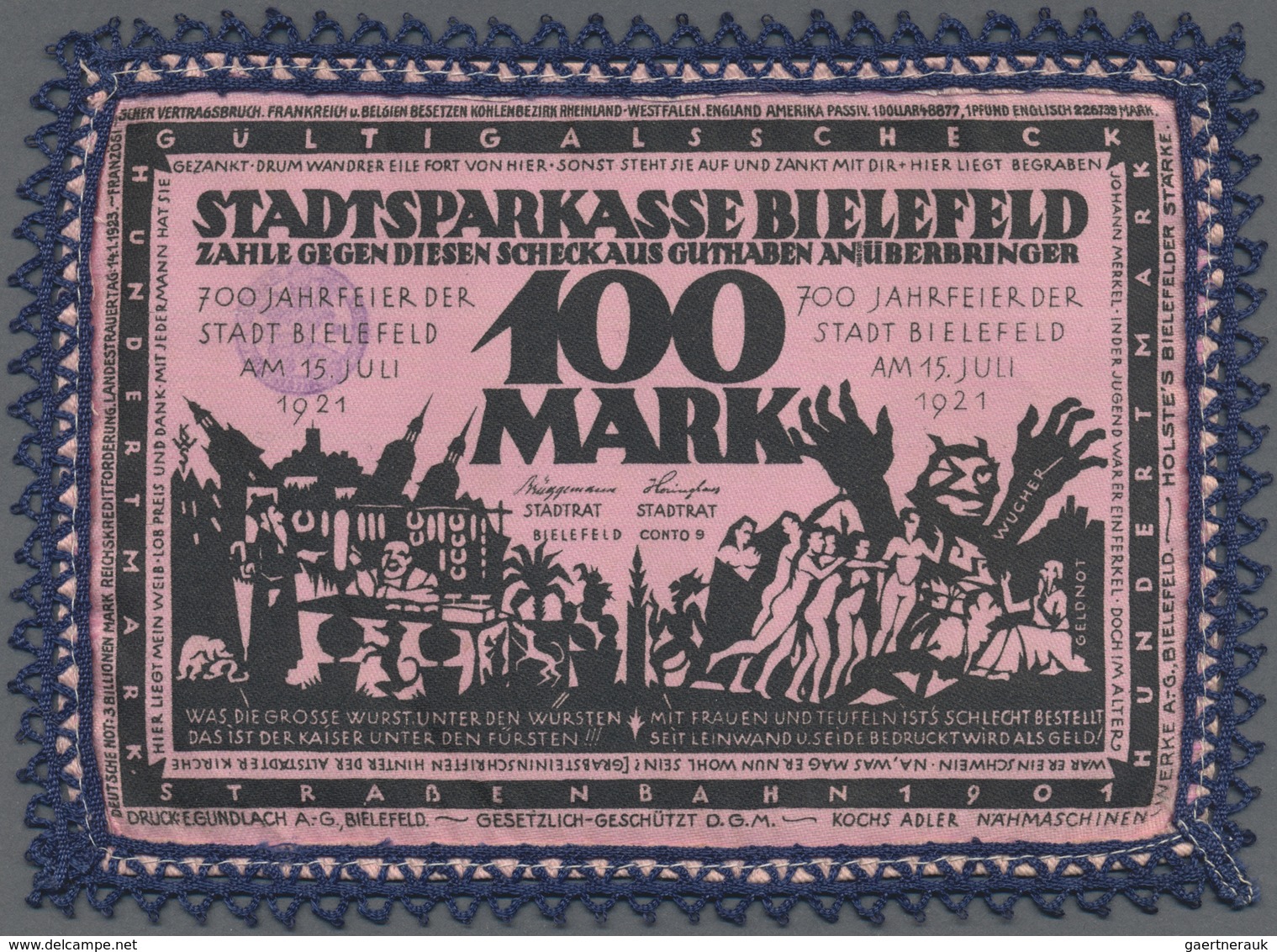 Deutschland - Notgeld Besonderer Art: Bielefeld, Lot Von 50 Stoffscheinen. Erwähnenswert Sind 100 M. - Autres & Non Classés