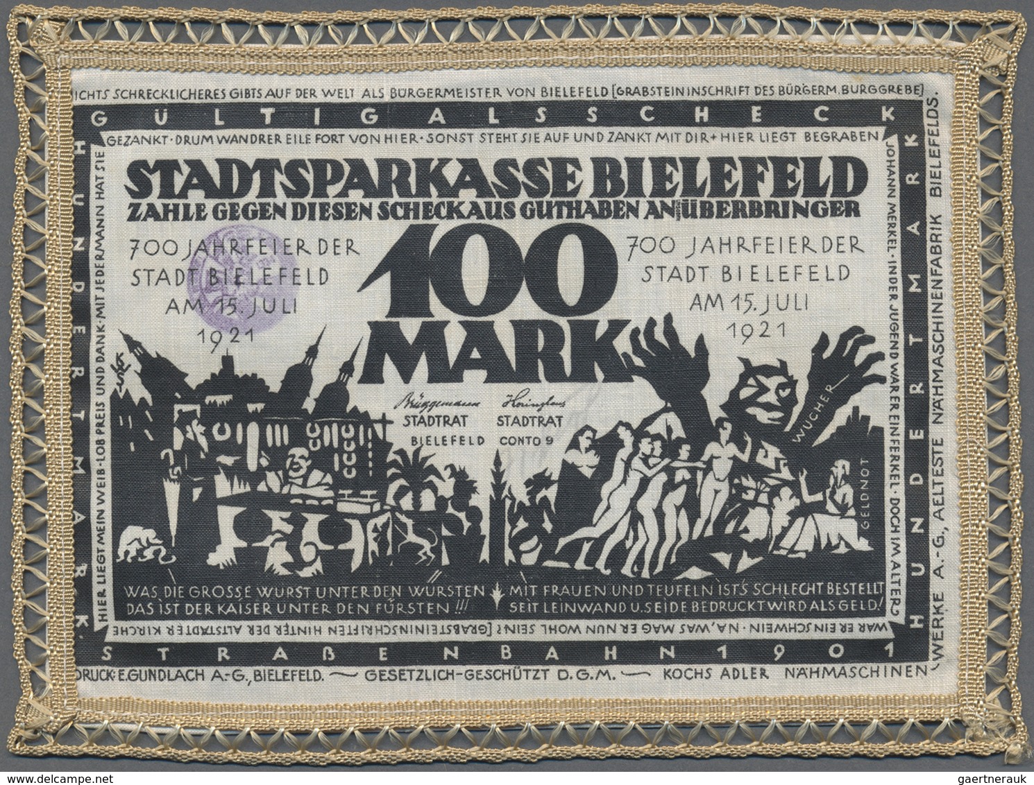 Deutschland - Notgeld Besonderer Art: Bielefeld, Lot Von 50 Stoffscheinen. Erwähnenswert Sind 100 M. - Altri & Non Classificati