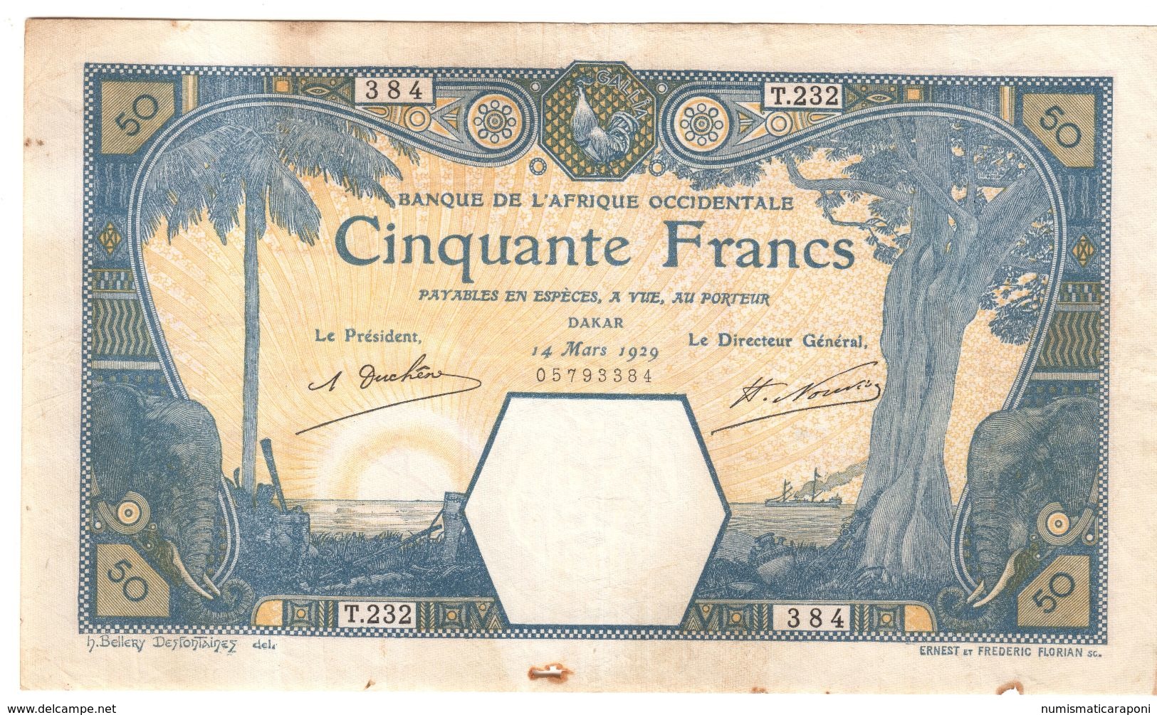 BANQUE DE L'AFRIQUE OCCIDENTALE 50 FRANCS 14 03 1929 PRESSATO E LAVATO RARO LOTTO 1475 - Non Classificati