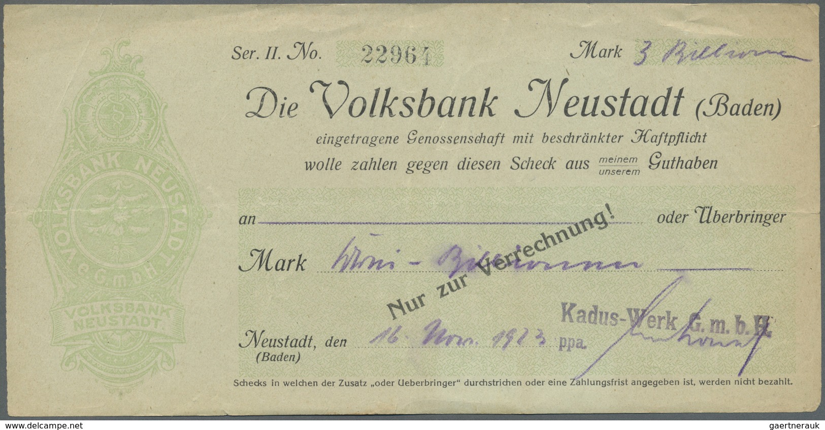 Deutschland - Notgeld - Baden: Neustadt Im Schwarzwald, 146 Großformatige Schecks Der Volksbank Verw - [11] Emissions Locales