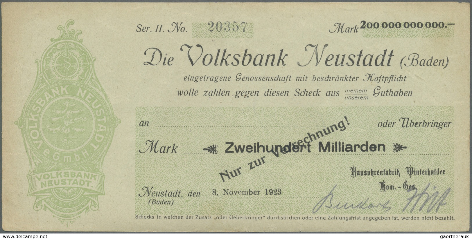 Deutschland - Notgeld - Baden: Neustadt Im Schwarzwald, 146 Großformatige Schecks Der Volksbank Verw - [11] Local Banknote Issues