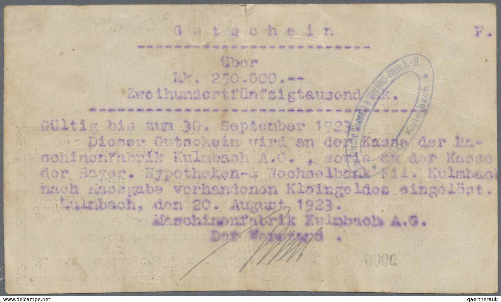 Deutschland - Notgeld - Bayern: Kulmbach, Ireks Akteingesellschaft, 4 X 1 Mio., Mark, 16.8.1923, 5 M - [11] Emissions Locales