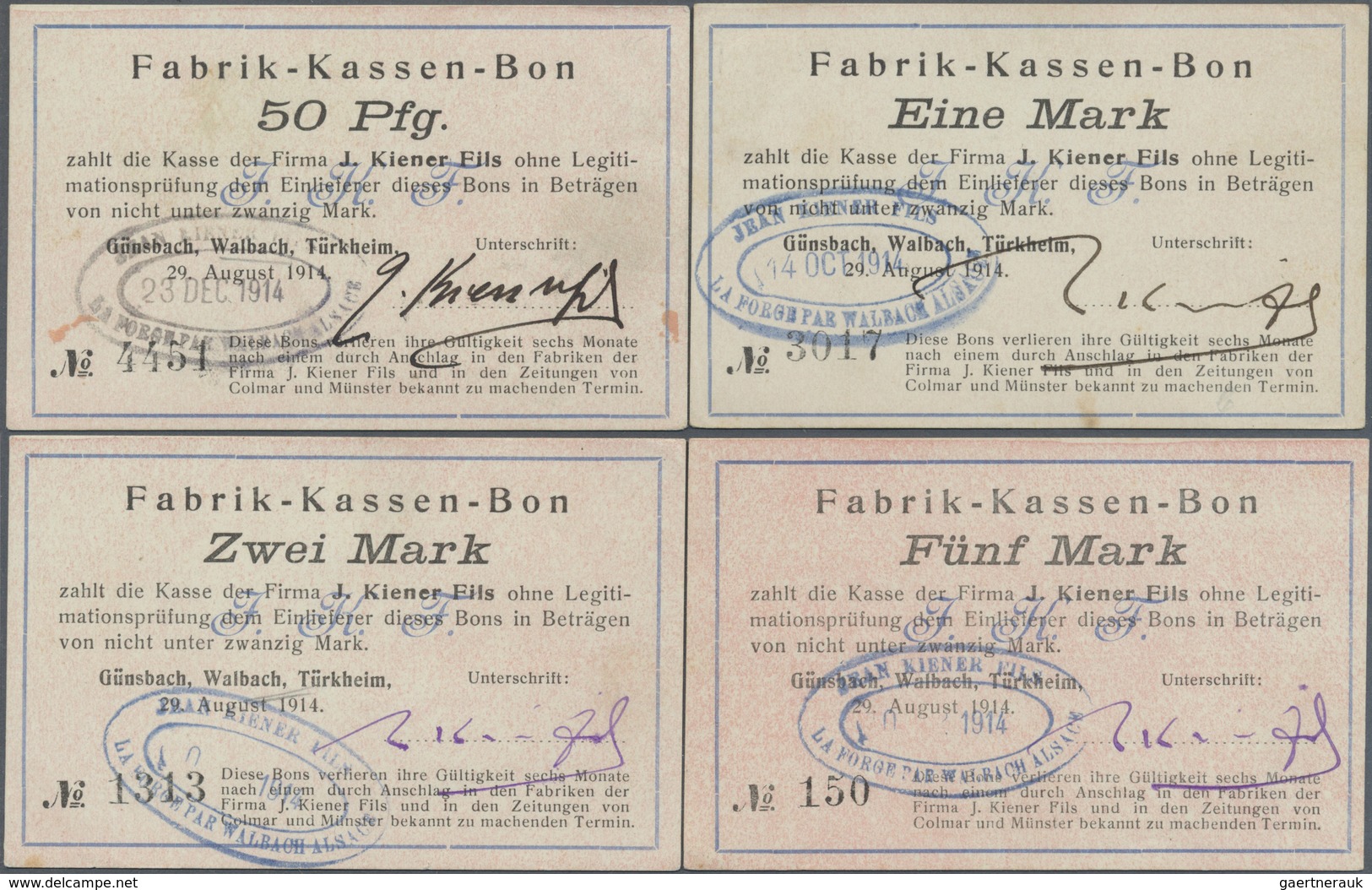 Deutschland - Notgeld - Elsass-Lothringen: Walbach, Oberelsass, J. Kiener Fils, 50 Pf., 1, 2, 5 Mark - Other & Unclassified