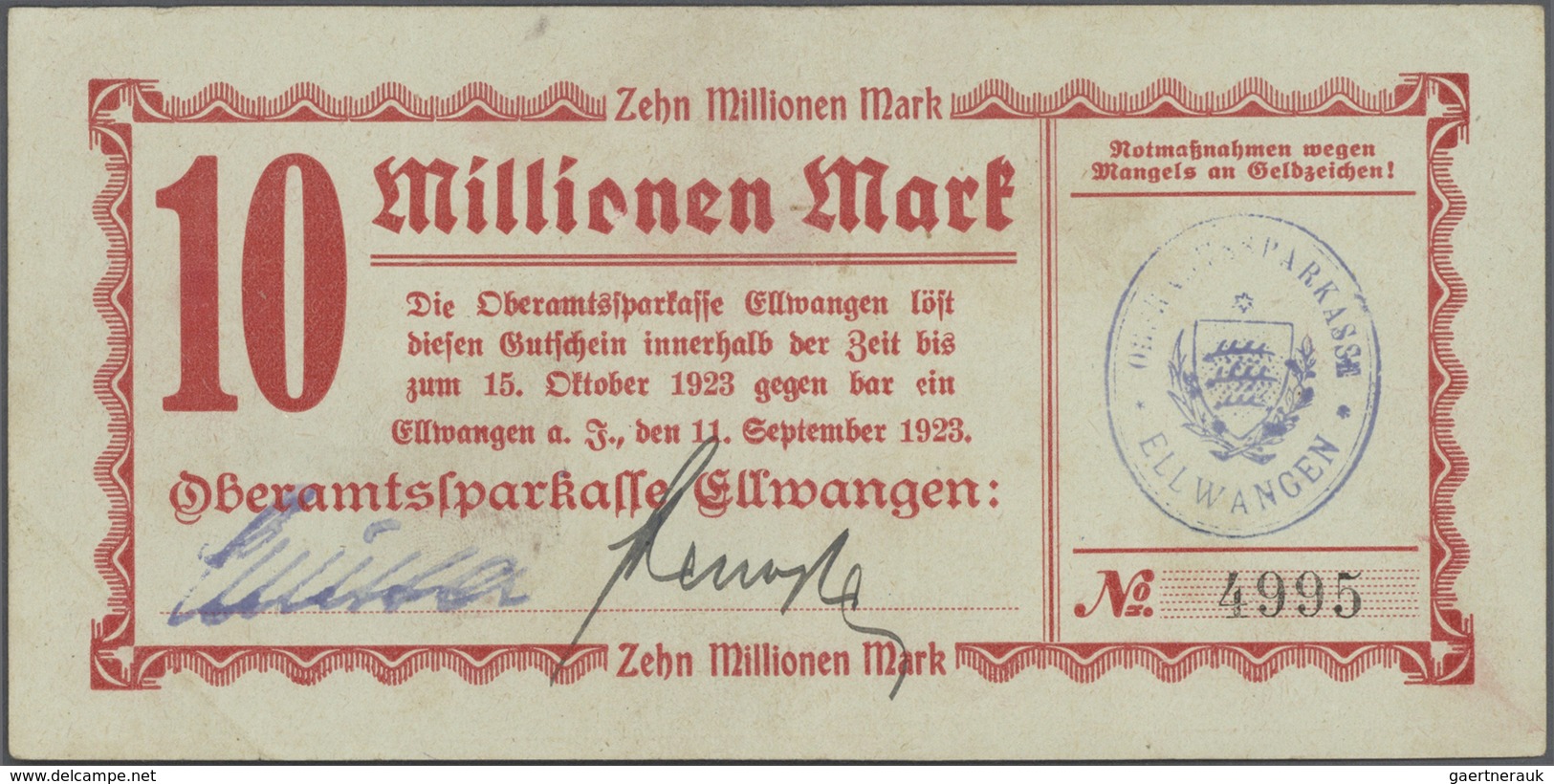 Deutschland - Notgeld - Württemberg: Ellwangen, Oberamtssparkasse, 500, 1000 Mark, 28.9.1922, 100 Ts - [11] Emissioni Locali