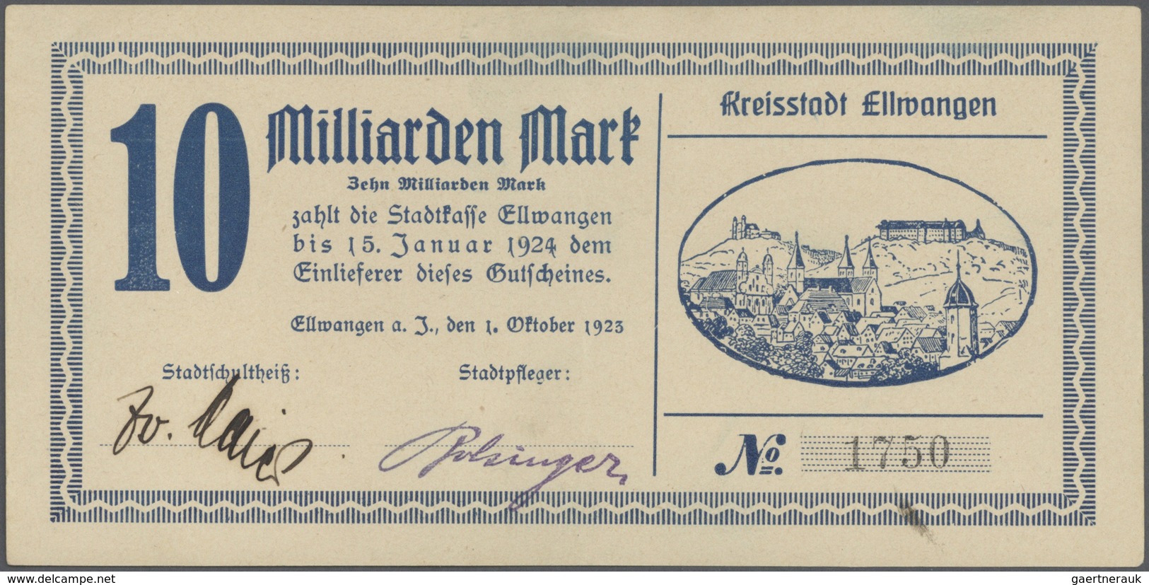 Deutschland - Notgeld - Württemberg: Ellwangen, Stadt, 50, 100, 200, 500 Mio., 1, 5, 10, 50, 100 Mrd - [11] Emissioni Locali