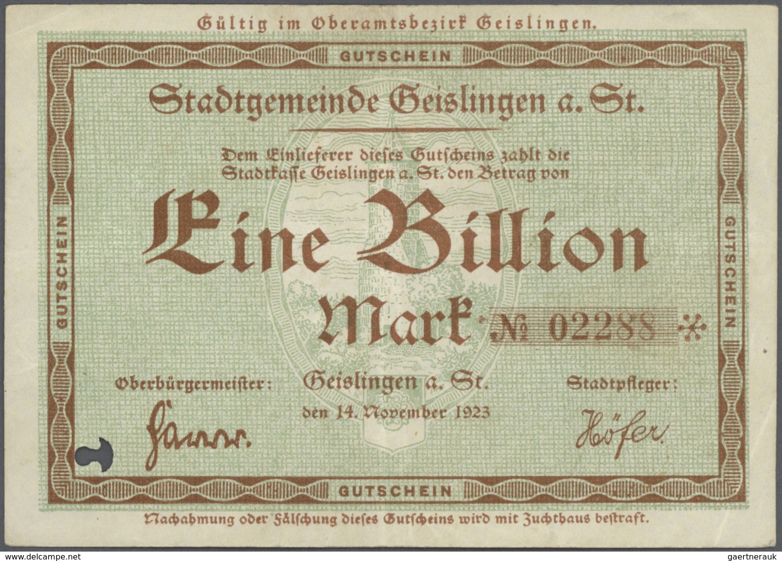 Deutschland - Notgeld - Württemberg: Geislingen, Albert Schurr, 20, 2 X 50 Mrd. Mark, 29.10.1923, Er - [11] Emissioni Locali