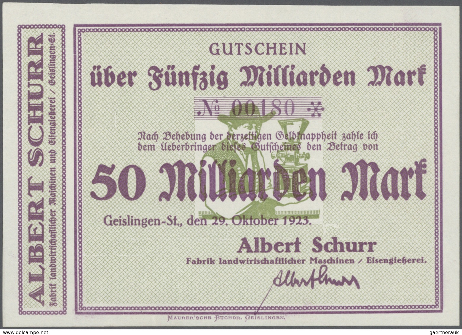 Deutschland - Notgeld - Württemberg: Geislingen, Albert Schurr, 20, 2 X 50 Mrd. Mark, 29.10.1923, Er - [11] Emissioni Locali