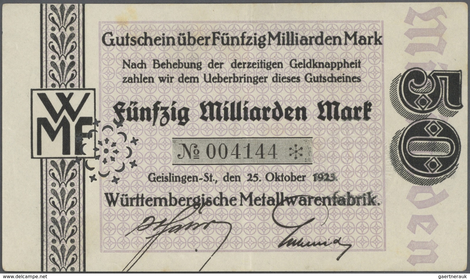 Deutschland - Notgeld - Württemberg: Geislingen, Albert Schurr, 20, 2 X 50 Mrd. Mark, 29.10.1923, Er - [11] Emissioni Locali