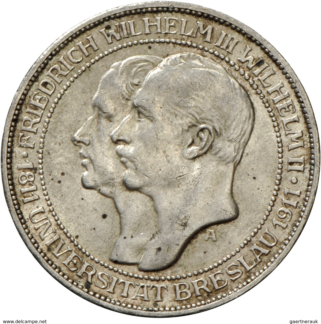 Preußen: Wilhelm II. 1888-1918: 3 Mark 1911 A, Universität Breslau, Jaeger 108, Sehr Schön - Vorzügl - Taler & Doppeltaler