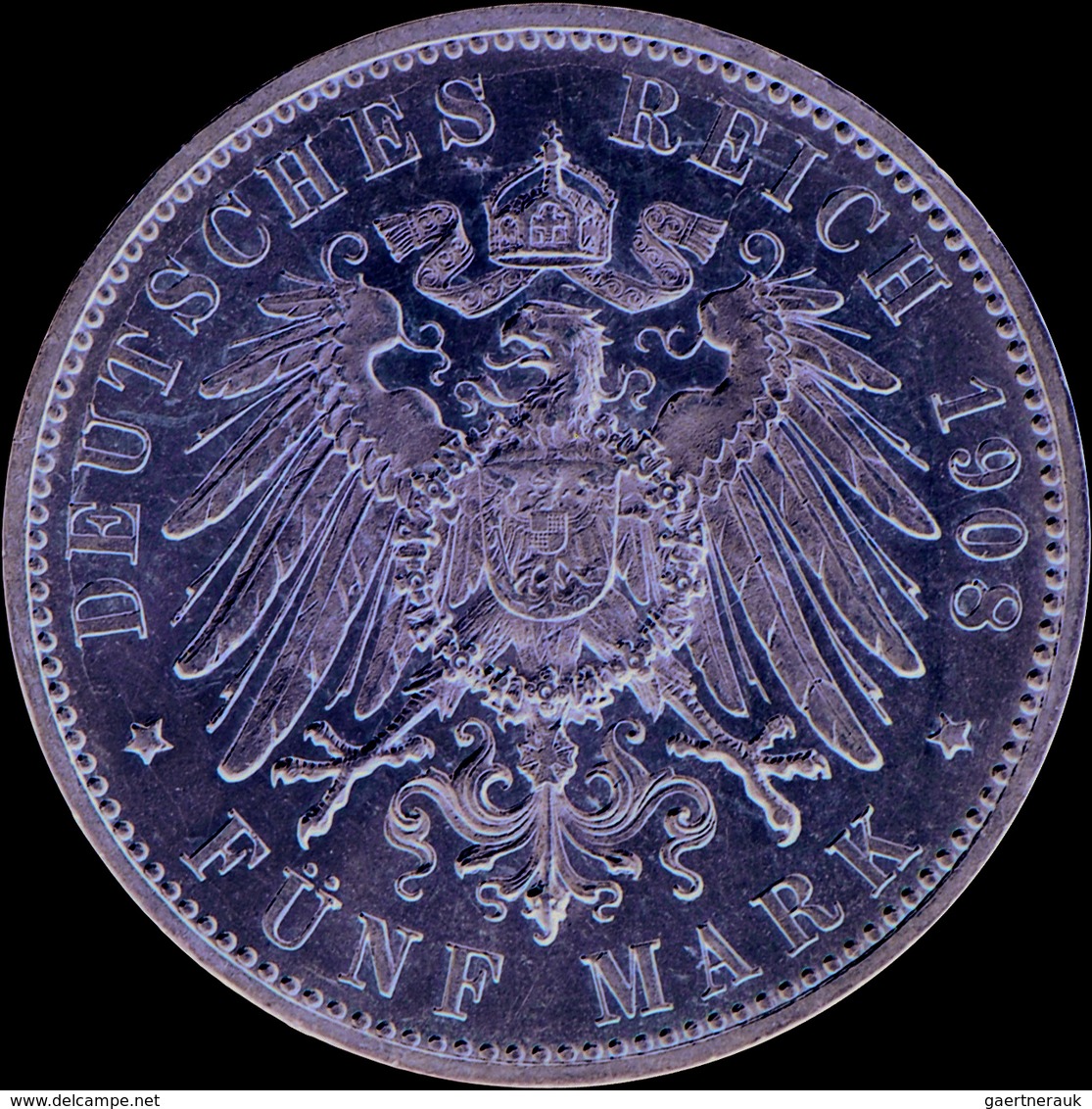 Württemberg: Wilhelm II. 1891-1918: 5 Mark 1908 F, Jaeger 176, Vorzüglich. - Taler & Doppeltaler