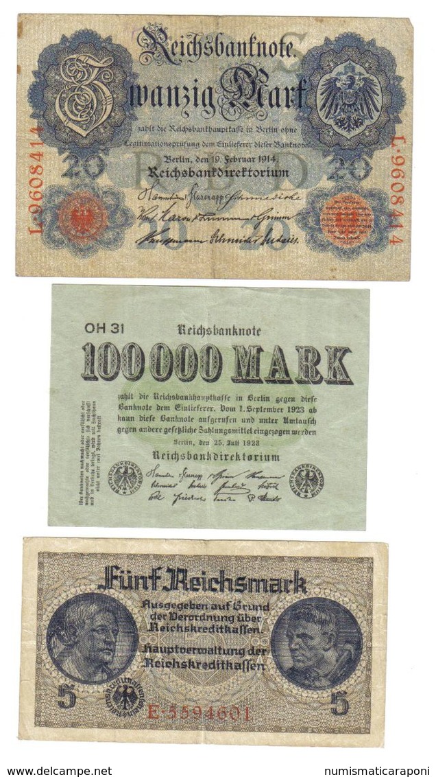 Germany Germania 5 + 20 + 1000 Mark  Belle Banconote Storiche LOTTO 872 - Collections