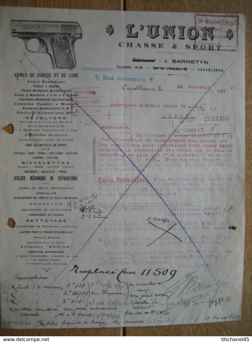 MAROC - CASABLANCA - Lettre De 1929 - L'UNION - J. BARNSTYN - Armes De Chasse, Fusils BROWNING, Pistolets F.N. - Altri & Non Classificati