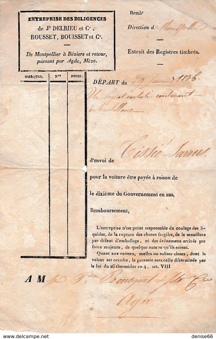 1836 - ENTREPRISE DE DILIGENCES De Jh DELRIEU & Cie - De Montpellier à Béziers Aller Et Retour - Documentos Históricos