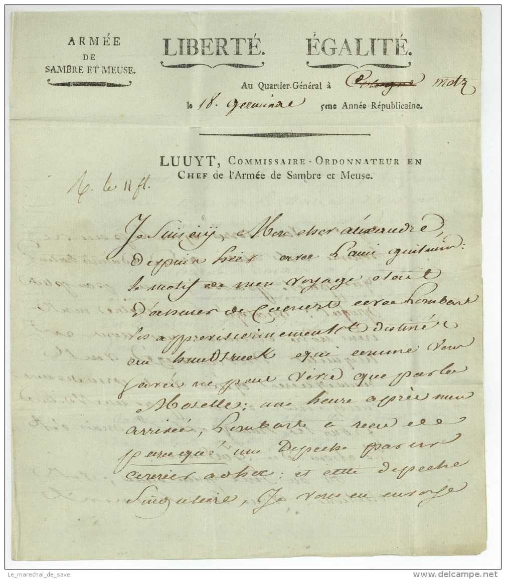 Armee De Sambre Et Meuse - Metz 1797 - Luuyt (1764-1824) Commissaire Ordonnateur En Chef Guerres Revolution - Armeestempel (vor 1900)