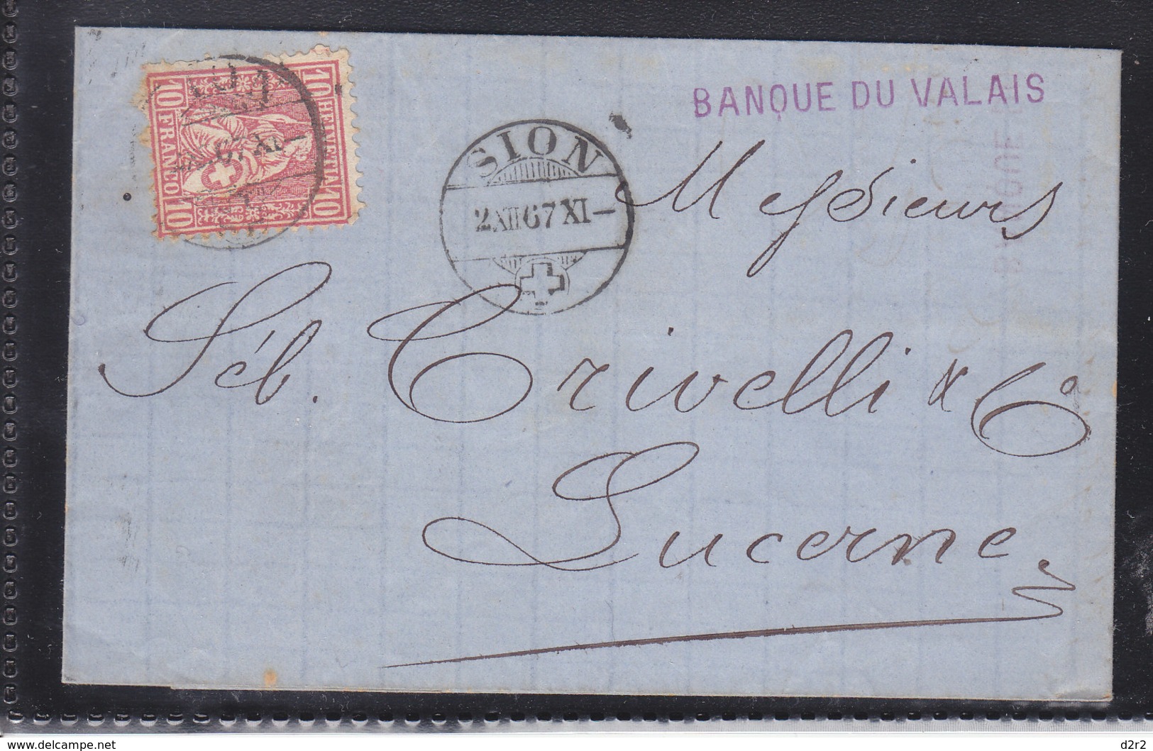 HELVETIE ASSISE - LETTRE DE LA BANQUE DE SION - POUR LUCERNE - ANCIEN CACHET DE SION - 2.12.1867 - Storia Postale