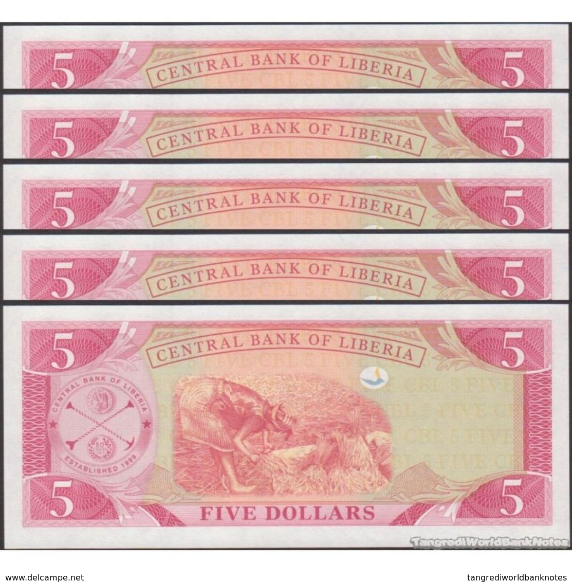 TWN - LIBERIA 26a - 5 Dollars 2003 DEALERS LOT X 5 - Prefix AJ﻿ UNC - Liberia