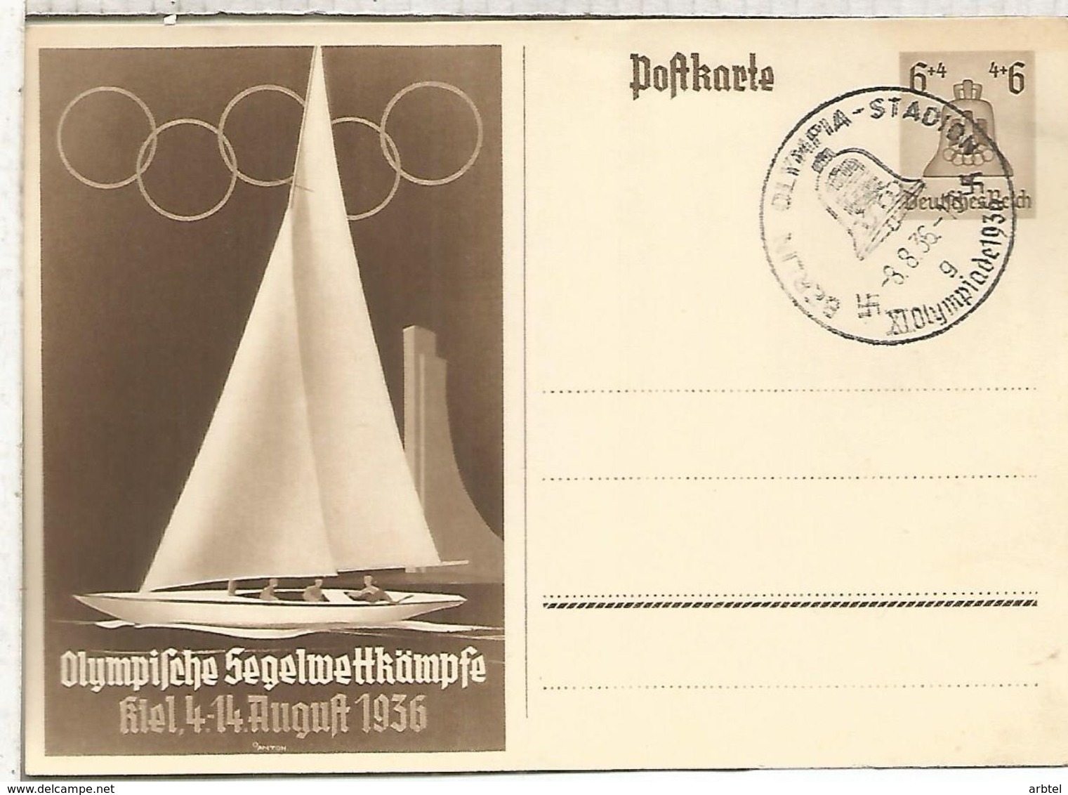 ALEMANIA REICH ENTERO POSTAL JUEGOS OLIMPICOS BERLIN 1936 VELA MAT ESTADIO OLIMPICO SAILING SHIP - Estate 1936: Berlino