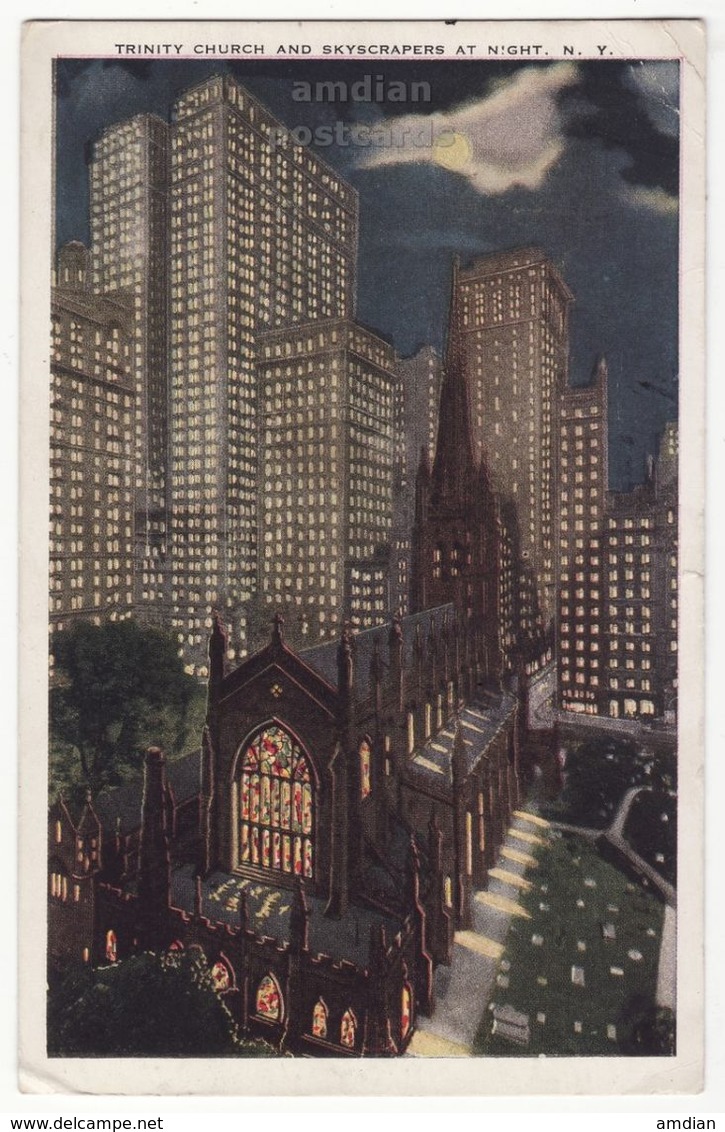 USA, NEW YORK CITY NY, Trinity Church And Skyscrapers Night View, Antique 1920s Vintage Postcard - Églises