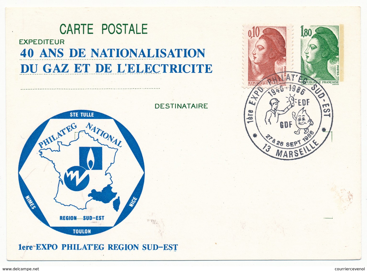 Entier Repiqué - 1,80 Liberté - 40 Ans De Nationalisation Du Gaz Et De L'Electricité - MARSEILLE - 1986 - Overprinter Postcards (before 1995)