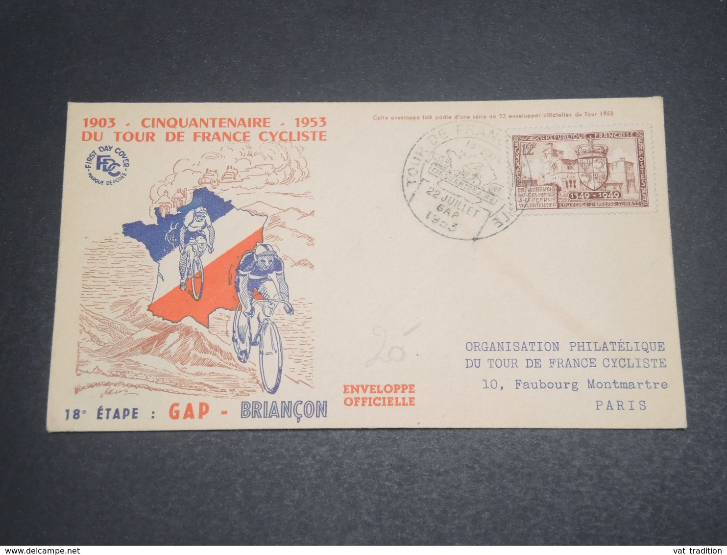 FRANCE - Oblitération Temporaire Du Tour De France Cycliste En 1953 , étape De Gap - L 12370 - 1921-1960: Période Moderne