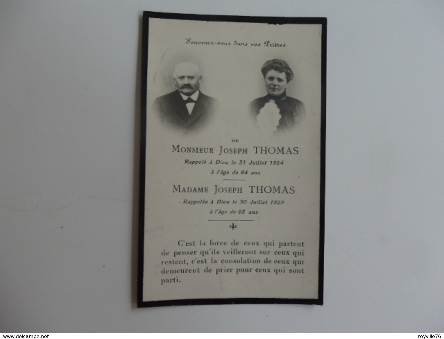 Image Pieuse Du Souvenir De Mr Joseph Thomas (31/07/1924) à 64 Ans Et De Son épouse (30/07/1929) à 65 Ans. - Religion & Esotérisme