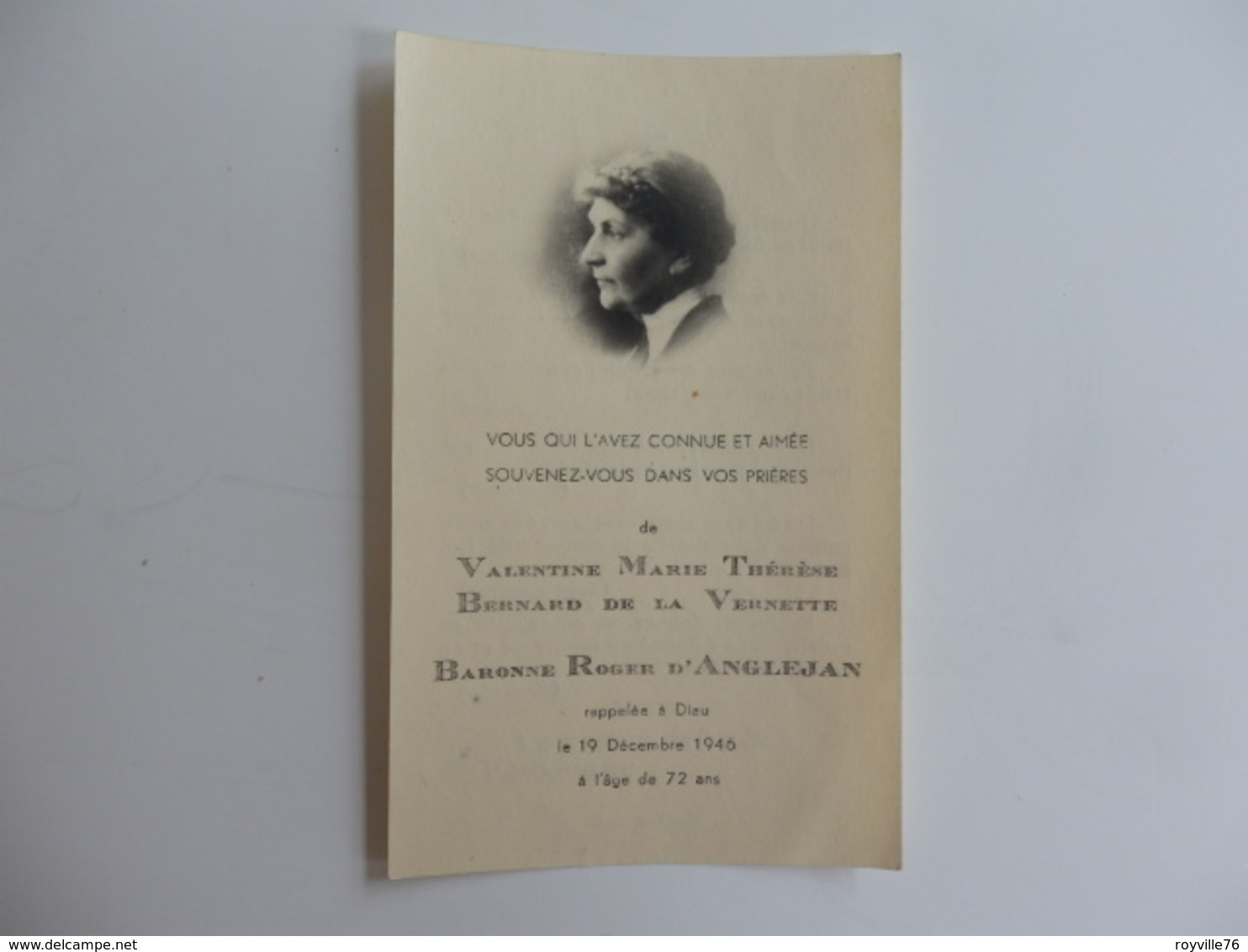 Image Du Souvenir De Valentine Bernard De La Vernette Baronne Roger D'Anglejan Rappelée à Dieu Le 19/12/1946 à 72 Ans. - Religion & Esotérisme