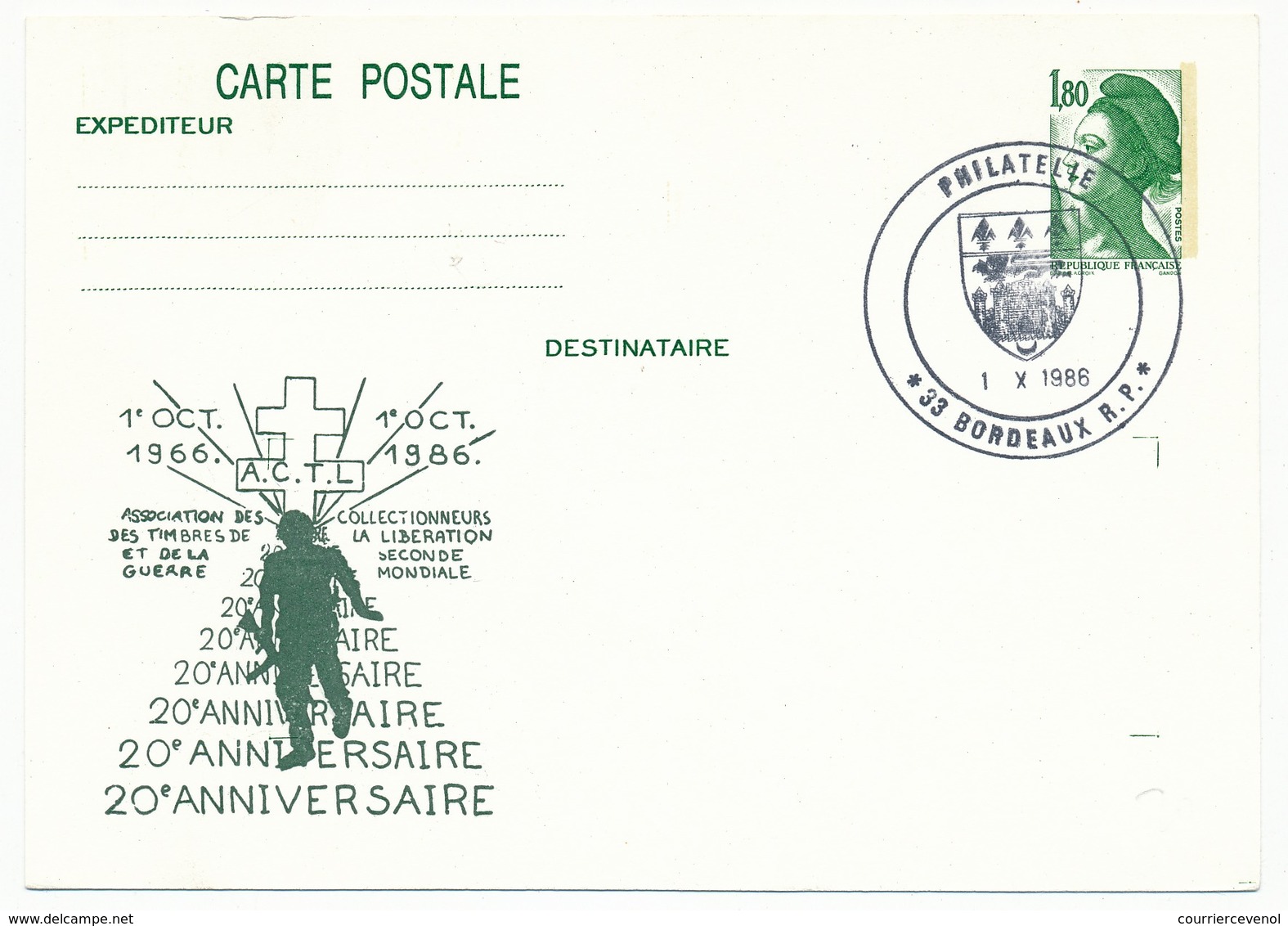 Entier Repiqué - 1,80 Liberté - 20eme Anniversaire A.C.T.L. 1986 - Cachet Philatélie BORDEAUX 1986 - Overprinter Postcards (before 1995)