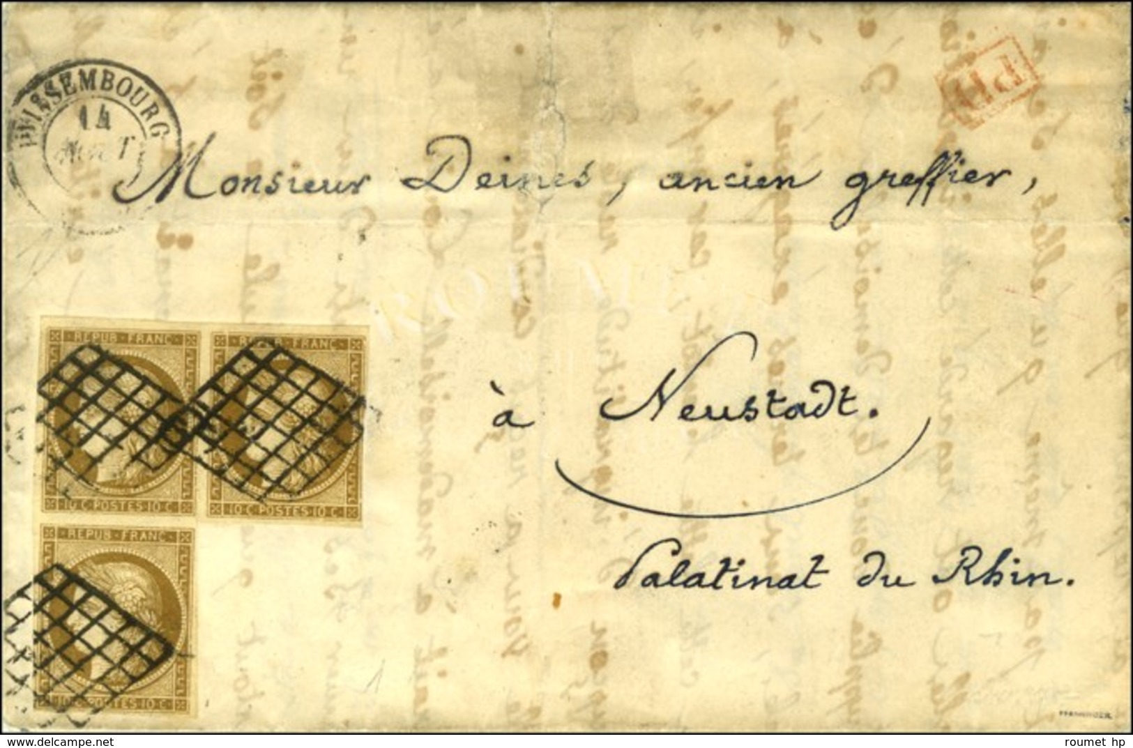 Grille / N° 1 Bistre Verdâtre Foncé (3 Ex. En équerre) Càd T 15 WISSEMBOURG Sur Lettre Au Tarif à 30c. Pour Neustadt (Pa - 1849-1850 Cérès