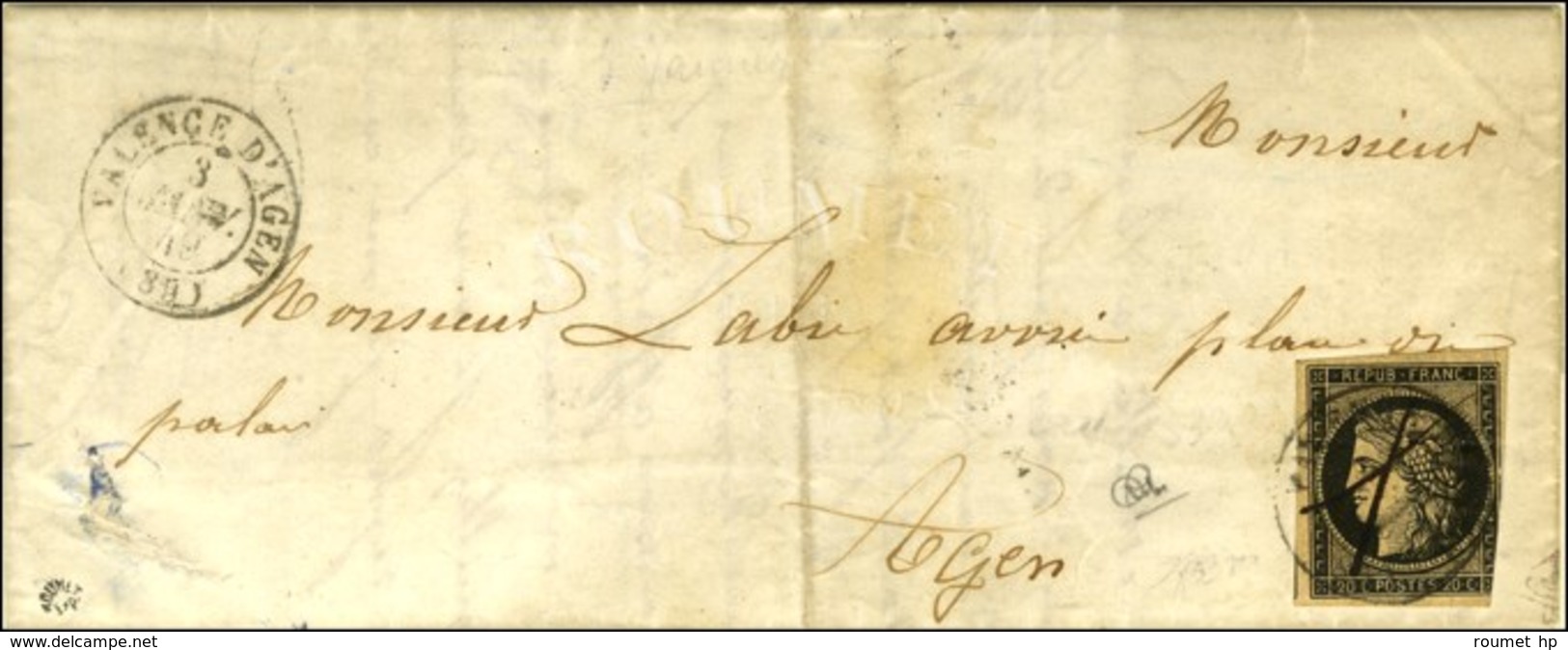 Plume + Càd T 15 VALENCE D'AGEN (85) 3 JANV. 49 / N° 3 (def) Sur Lettre Avec Texte Pour Agen. - TB. - R. - 1849-1850 Ceres