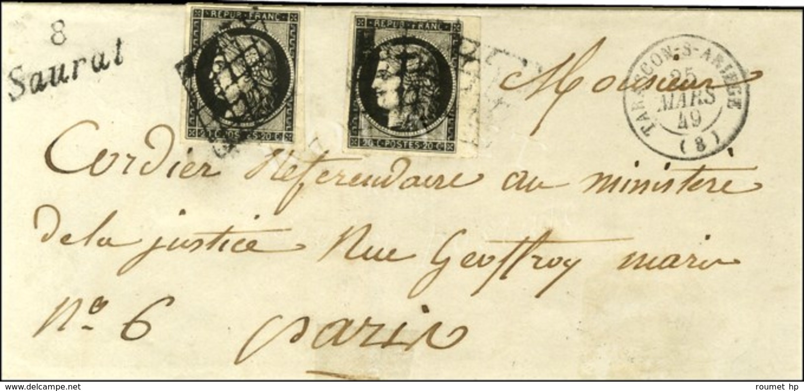 Grille / N° 3 Bdf Noir Intense Sur Blanc (2) Càd T 15 TARASCON-S-ARIEGE (8) Cursive 8 / Saurat (rare) Sur Lettre 2 Ports - 1849-1850 Cérès