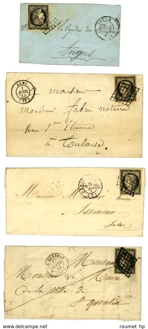 Lot De 4 Lettres Affranchies Avec N° 3, Diverses Nuances, Pièces Choisies. - TB / SUP. - 1849-1850 Cérès