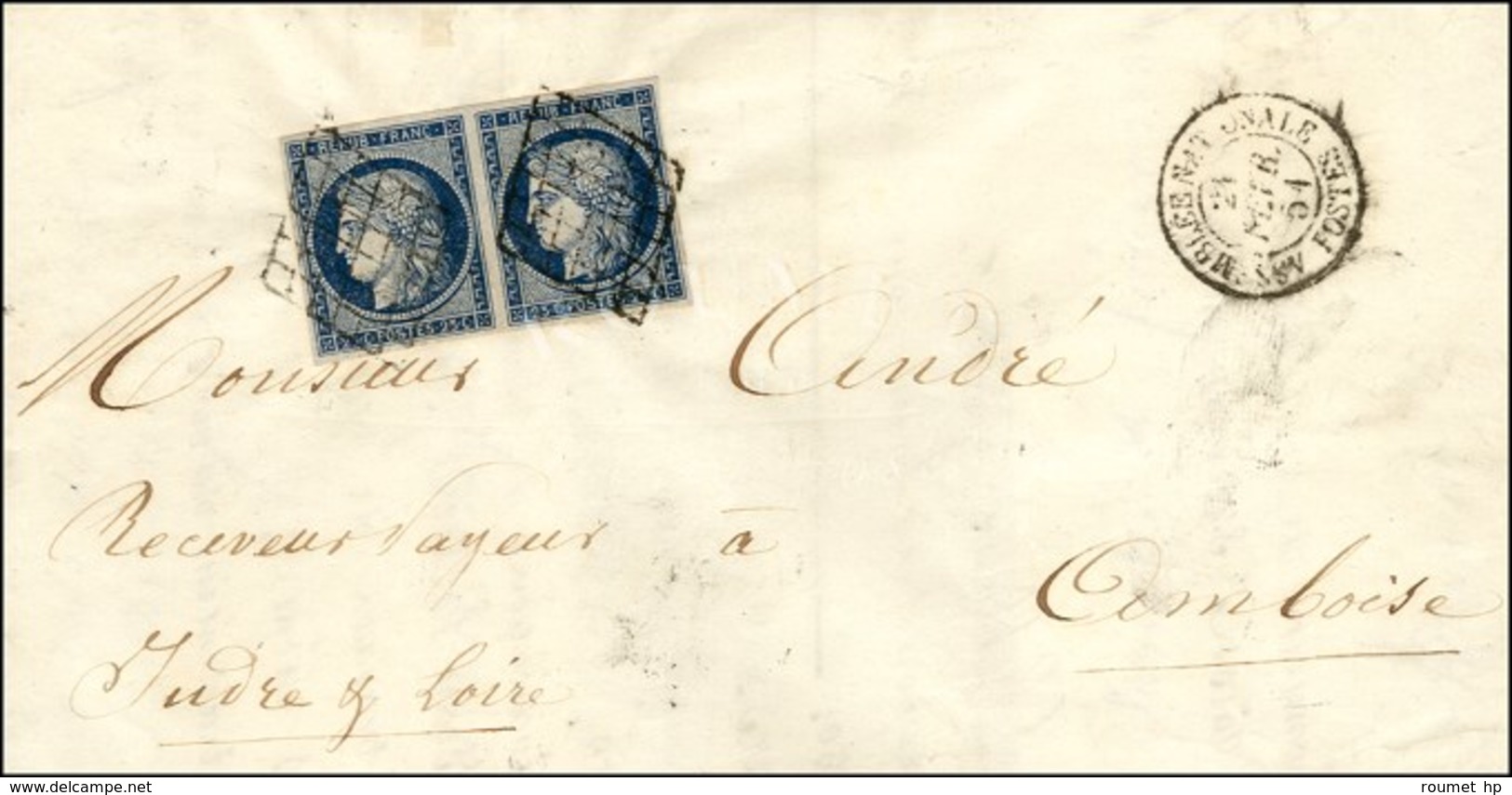 Grille / N° 4 (paire) Càd T 15 ASSEMBLEE NATIONALE / POSTES Sur Lettre En Double Port. 1851. - TB / SUP. - R. - 1849-1850 Ceres