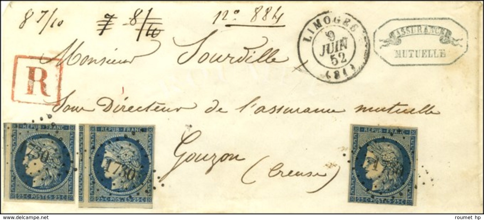 PC 1730 / N° 4 (3, 1 Ex. Filet Effleuré) Càd T 15 LIMOGES (81) Sur Lettre En Double Port Recommandé Pour Gouzon. 1852. - - 1849-1850 Ceres