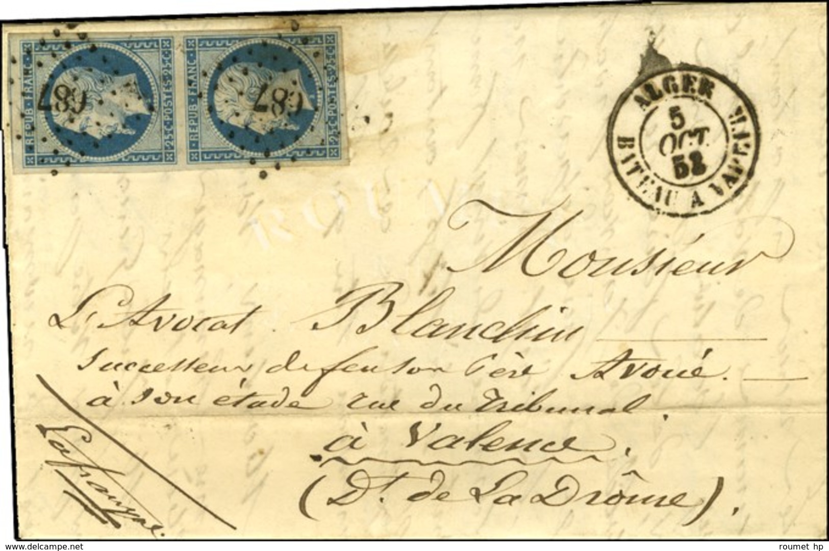 PC 687 (Cette) / N° 10 Paire (très Belles Marges) Càd ALGER / BATEAU A VAPEUR Sur Lettre Avec Texte 2 Ports Pour Valence - 1852 Louis-Napoleon