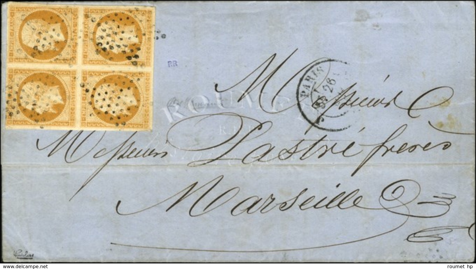 Etoile / N° 13 Bloc De 4 Bistre Orange Càd PARIS (60) Sur Lettre 2 Ports Pour Marseille. 1856. - SUP. - R. - 1853-1860 Napoleon III