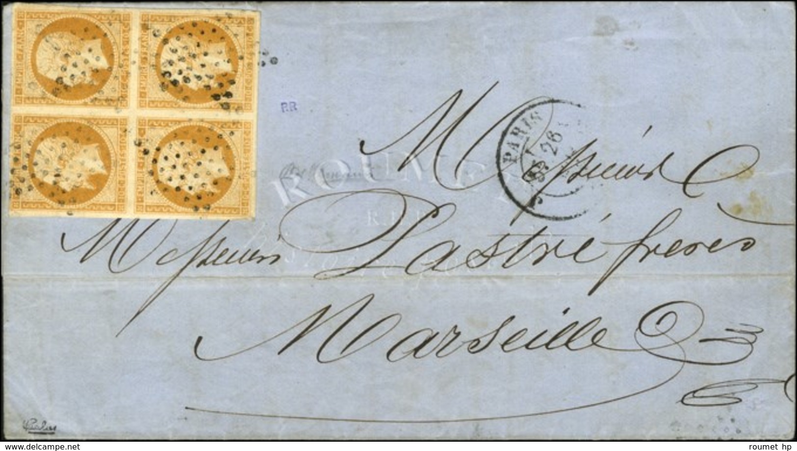 Etoile / N° 13 Bloc De 4 Bistre Orange Càd PARIS (60) Sur Lettre 2 Ports Pour Marseille. 1856. - SUP. - R. - 1853-1860 Napoléon III