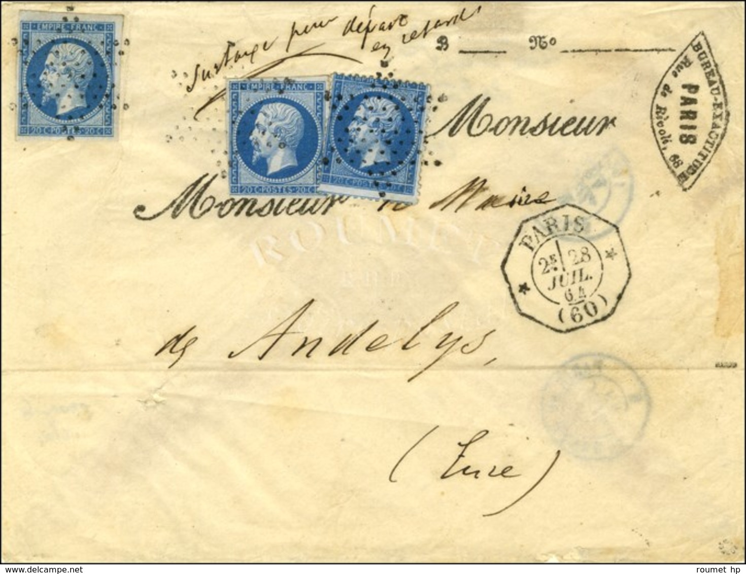 Etoile / N° 14 (2) + N° 22 Càd Octo De Lev. Exc. * PARIS * (60) 2e 28 JUIL. 64 Sur Lettre Pour Les Andelys. Extraordinai - 1853-1860 Napoleone III