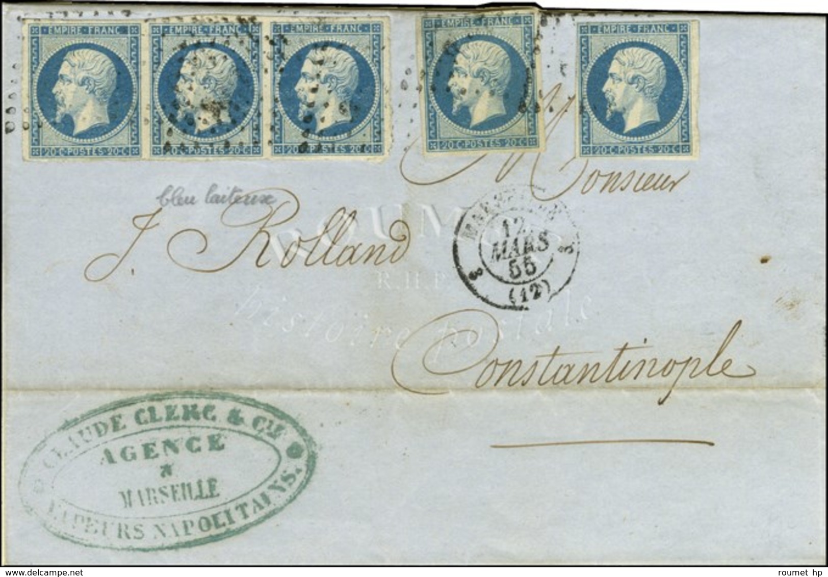 PC 1896 / N° 14 Bleu Laiteux Bande De 3 + 2 Ex Càd MARSEILLE (12) Sur Lettre De L'agence Claude Clerc Et Cie Pour Consta - 1853-1860 Napoléon III.