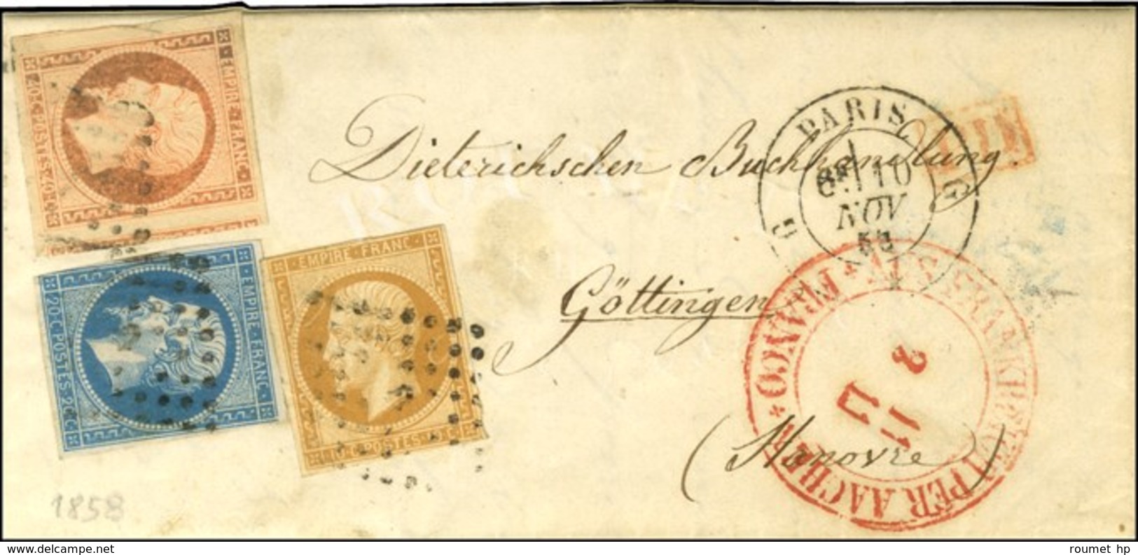 Losange G / N° 13 + 14 (infime Def) + 16 Càd G PARIS G Sur Lettre Pour Gottingen. 1858. - TB. - R. - 1853-1860 Napoleon III