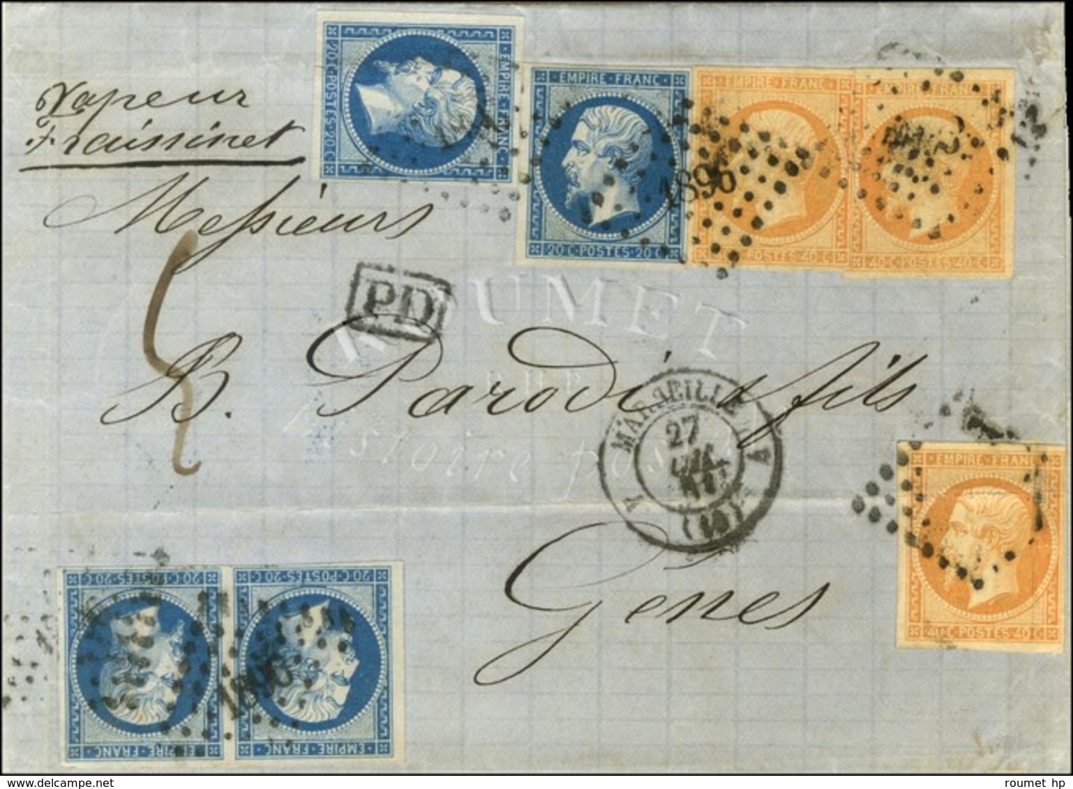 PC 1896 / N° 14 (4) + 16 (3) (1 Ex Pli) Càd MARSEILLE (12) Sur Lettre Pour Gênes. 1861. Bel Affranchissement Composé. -  - 1853-1860 Napoléon III.