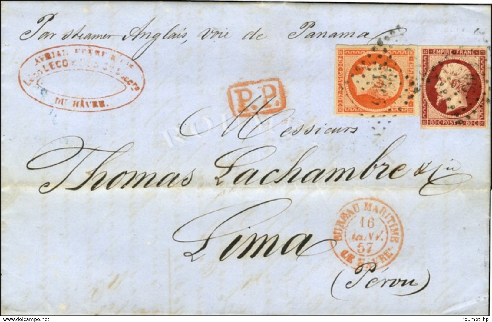 PC 1495 / N° 16 + 17 Càd Rouge BUREAU MARITIME / LE HAVRE Sur Lettre Pour Lima. 1857. - SUP. - R. - 1853-1860 Napoleone III