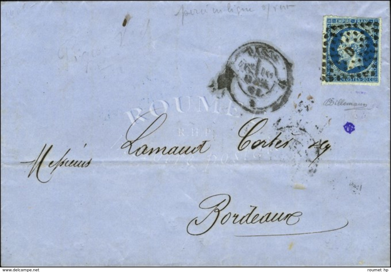 Losange D / N° 14 Type II Bleu Sur Vert Percé En Ligne Càd D PARIS D. 1861. - TB / SUP. - R. - 1853-1860 Napoleone III