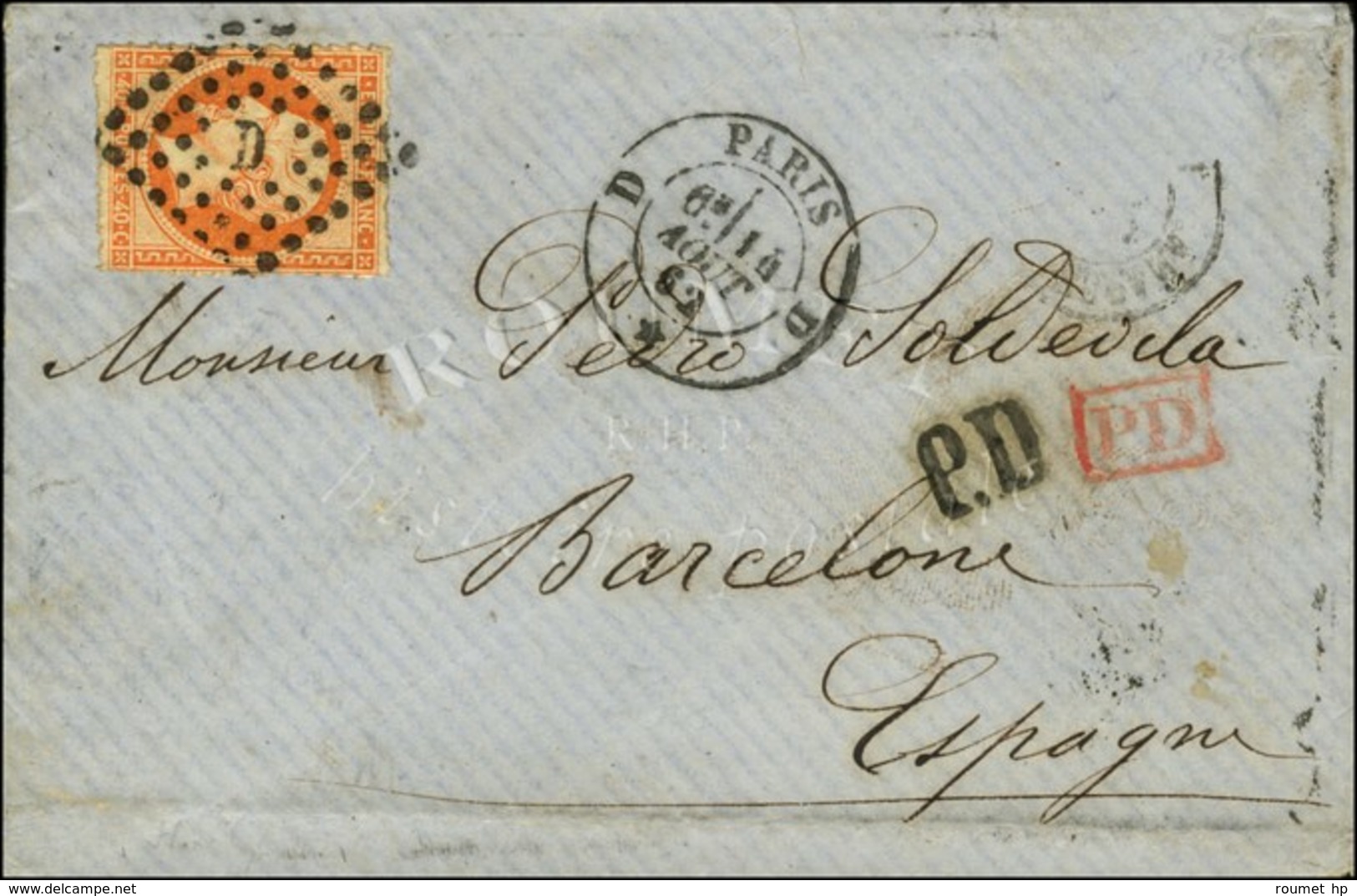 Losange D / N° 16 Percé En Ligne Càd D PARIS D Sur Lettre Pour Barcelone. 1862. - TB / SUP. - 1853-1860 Napoleone III