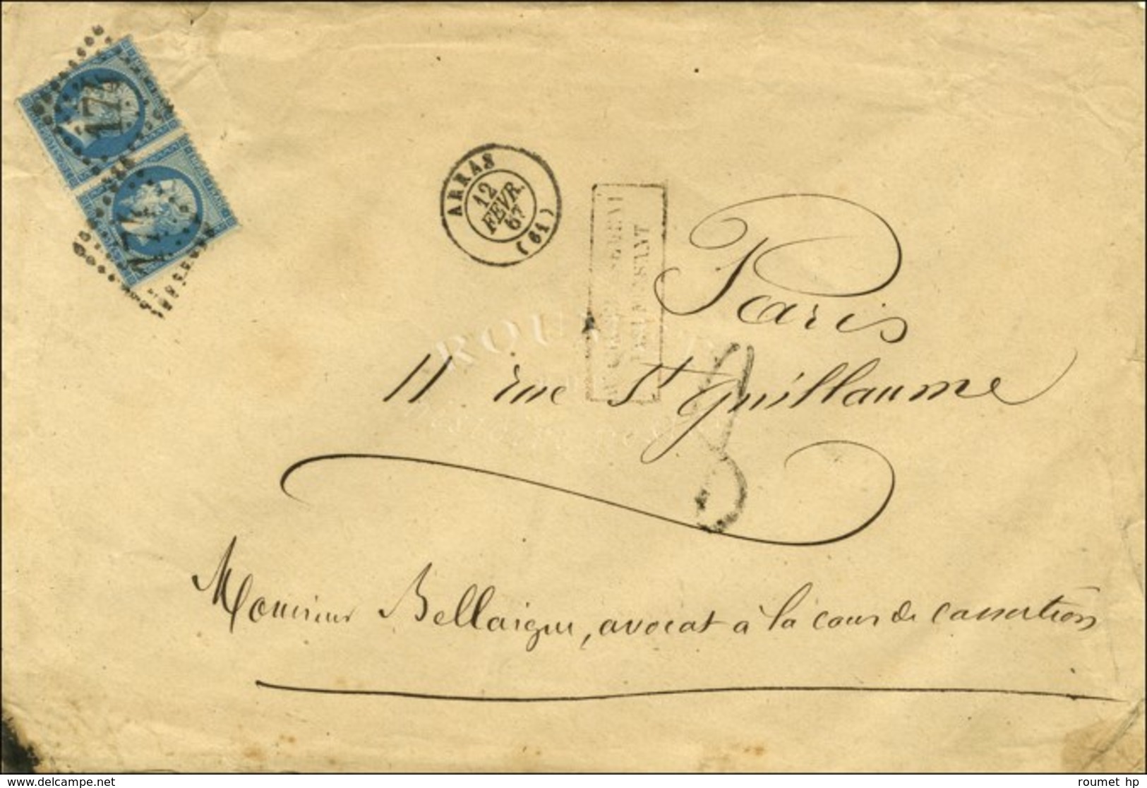 GC 174 / N° 22 Paire Càd T 15 ARRAS (61) Sur Lettre 3 Ports Insuffisamment Affranchie Pour Paris. Taxe Tampon 8. 1867. - - 1862 Napoleon III