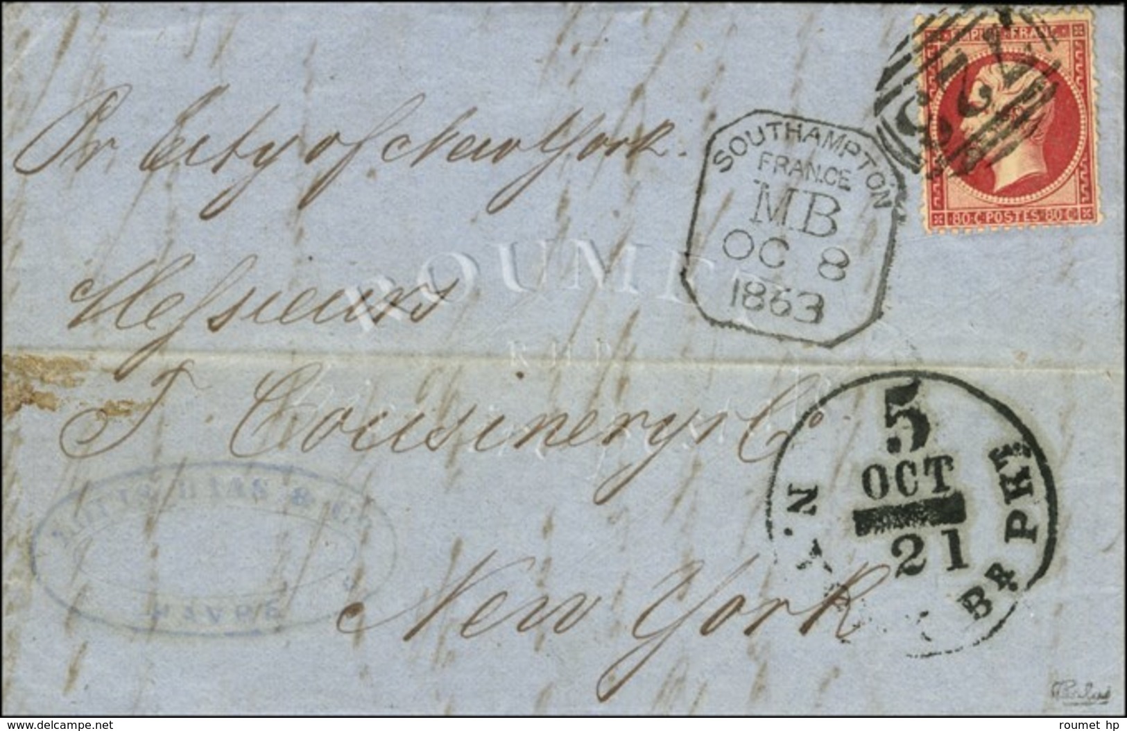 Killer 723 / N° 24 (très Belle Nuance) Cachet SOUTHAMPTON / FRANCE / MB Sur Lettre Du Havre Pour New York. Càd D'arrivée - 1862 Napoleon III