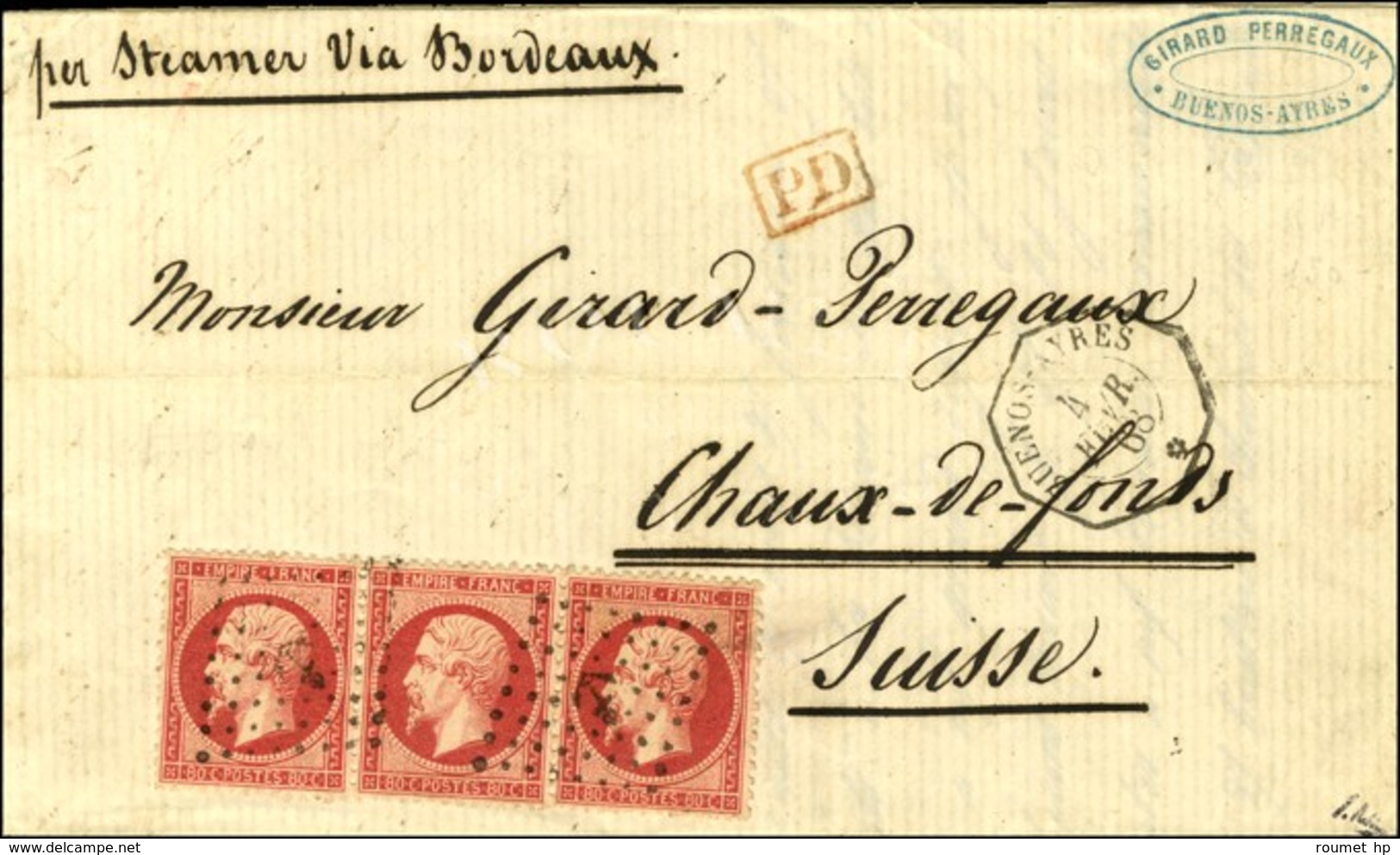 Losange Ancre / N° 24 Rose Vif Bande De 3 (très Bon Centrage Et Superbe Nuance) Càd Octo BUENOS AYRES / * Sur Lettre 2 P - 1862 Napoleon III