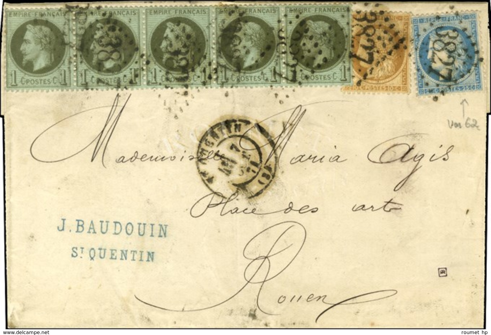 GC 3827 / N° 25 Bande De 5 + N° 36 + N° 60 Càd T 17 ST QUENTIN (2) 7 OCT. 71 Sur Lettre 2 Ports Pour Rouen. Bel Affranch - 1863-1870 Napoleon III With Laurels