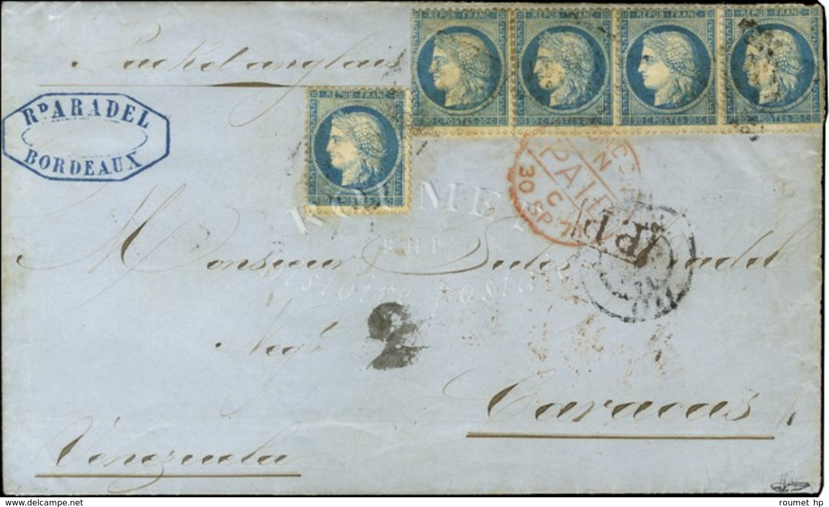 GC 532 / N° 37 Bande De 4 + 1 Ex Càd BORDEAUX (32) Sur Lettre Pour Caracas. Au Recto, Taxe 2 Pour L'acheminement Intérie - 1870 Siege Of Paris