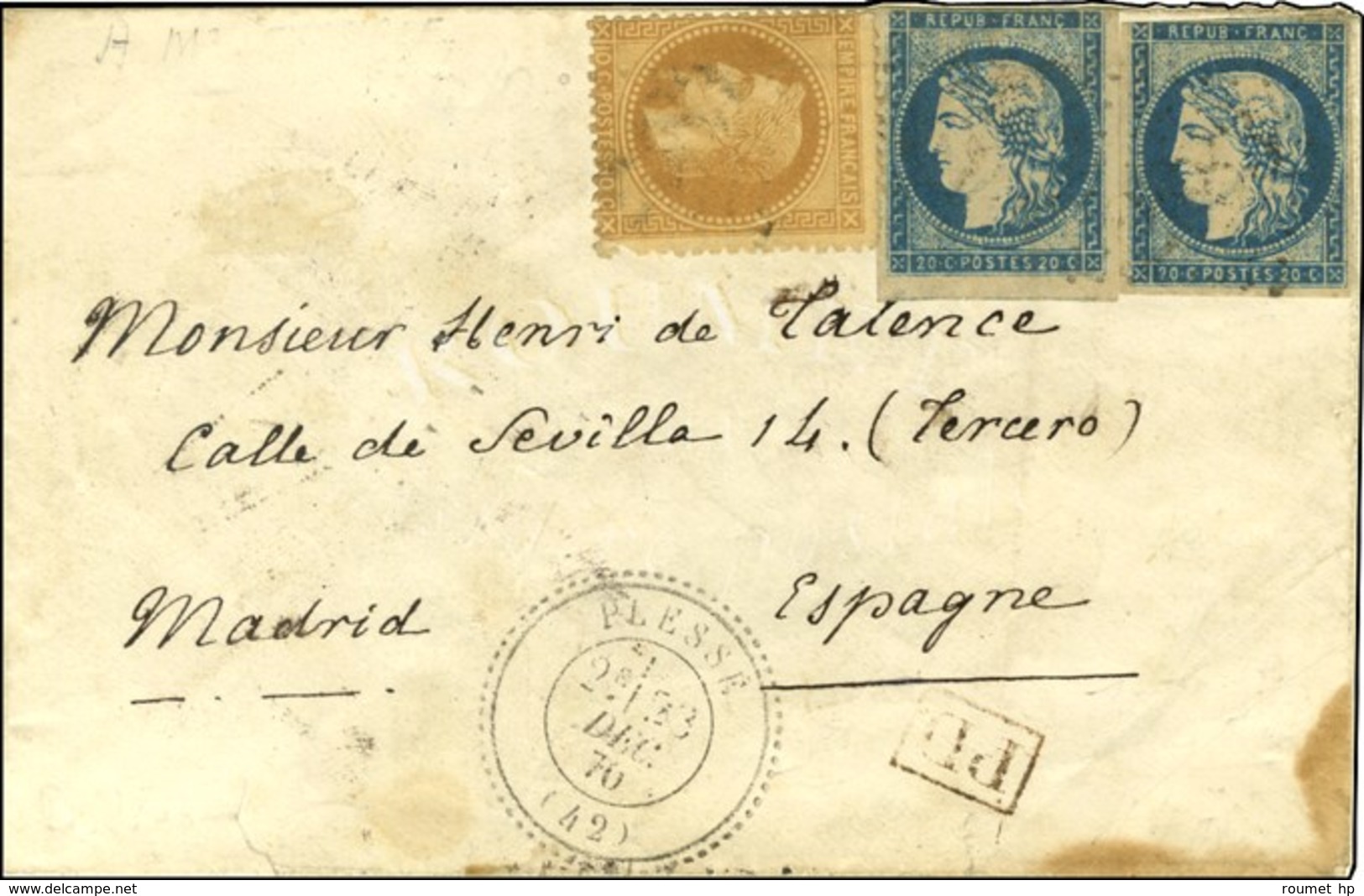 GC 2883 / N° 28 + 44 (2) (2 Ex Def) Càd T 24 PLESSE (42) Sur Lettre Pour L'Espagne. 1870. Rare Association. - TB. - R. - 1870 Ausgabe Bordeaux